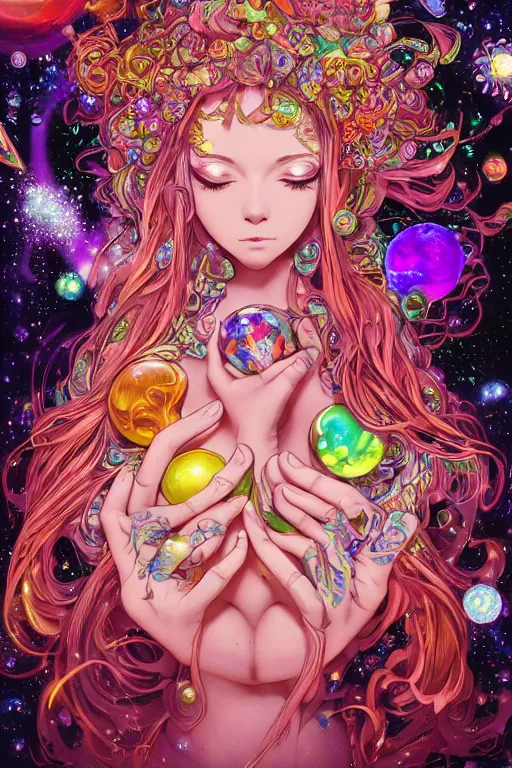 Image similar to psychedelic, acid trip, intricate, highly detailed, anime, 4k, beautiful seductive slime girl holding a huge orb containing the universe, with professional makeup, long trippy hair, surrounded by gems, underneath the stars, trending on patreon, deviantart, twitter, artstation, volumetric lighting, heavy contrast, by artgerm and Ilya Kuvshinov and alphonse mucha, interstellar galaxy