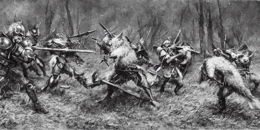 Image similar to anthropomorphic furry wolf in armor fighting in a battlefield, 1900s picture