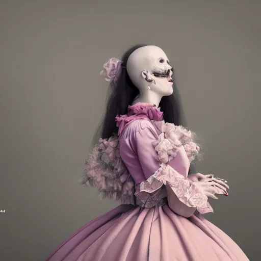 Image similar to 8 k, octane render, realism, tonalism, renaissance, rococo, baroque, cotton candy, portrait of a creepy young lady wearing long - harajuku manga - dress with flowers and skulls