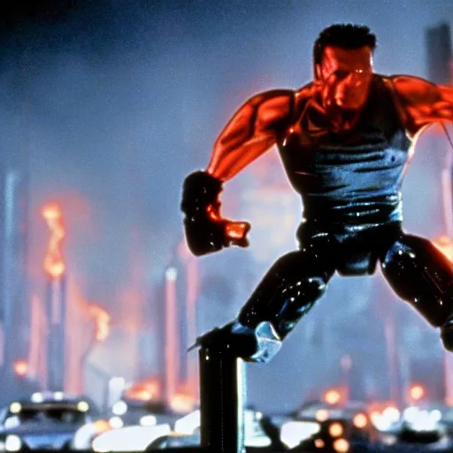 Image similar to cinematic still from terminator 2 : judgement day with the terminator played by rocky iv