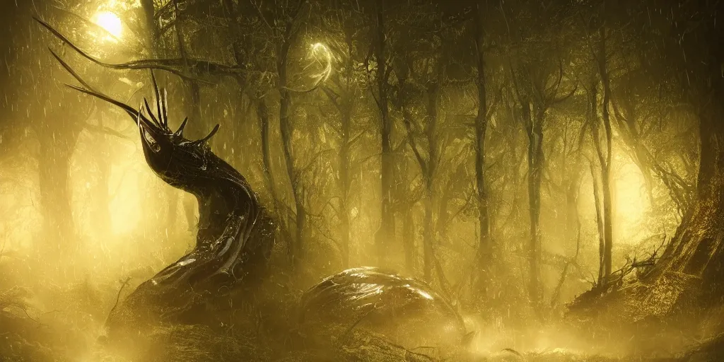 Prompt: unknown menacing slimy wet nightmarish!!!, hellish!!!, visceral!!!, alien!!! creatures, forested area, fog, rain, volumetric lighting, beautiful, golden hour, sharp focus, ultra detailed, cgsociety