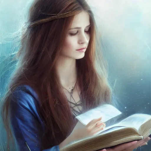 Image similar to a girl reading a book, hair flowing down, 8 k, hyperrealistic, hyperdetailed, fantasy portrait by laura sava