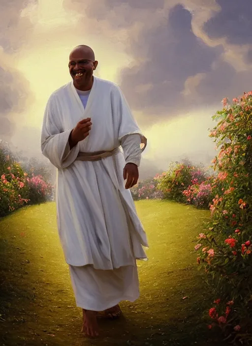 Prompt: oil painting portrait of a happy joyful rejoicing tonsured dominican monk in a white habit, striding through a flourishing garden at sunset with a monastery in the background, hazy, digital art, chiaroscuro, artstation, cinematic, golden hour, digital art painting by greg rutkowski, hazy atmosphere, flowers, cinematic lighting