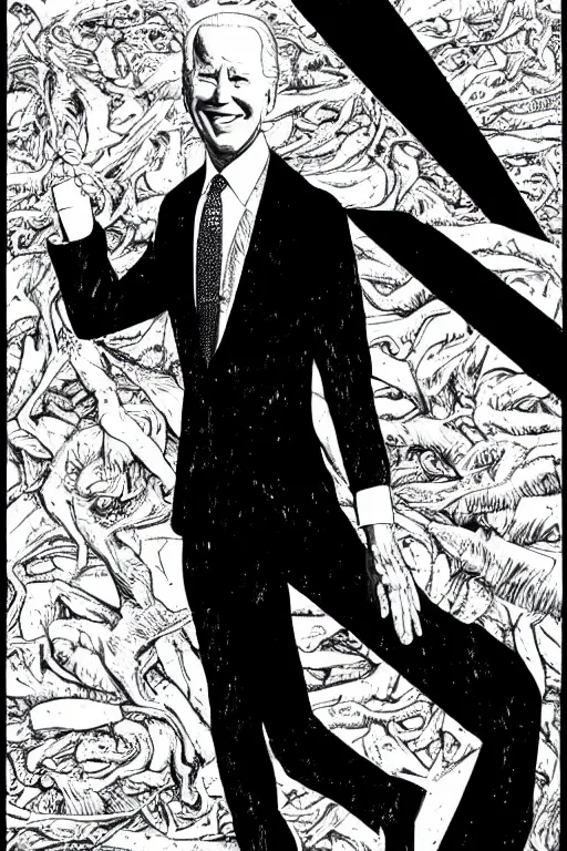 Image similar to Joe Biden full body portrait, body horror, black and white Illustration by Junji Ito