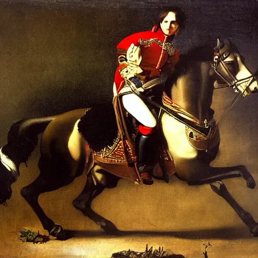 Image similar to Detailed oil painting of napoleon riding a motorbike by Caravaggio