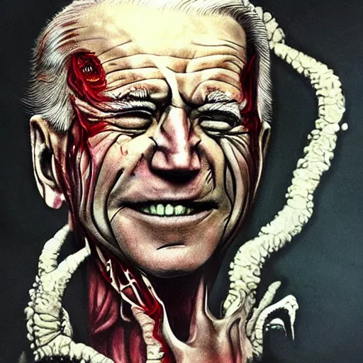 Image similar to biden became bloody ugly lovecraftian degenerate abomination, photo - realistic, color image, 2 k, highly detailed, bodyhorror, occult art, by giger