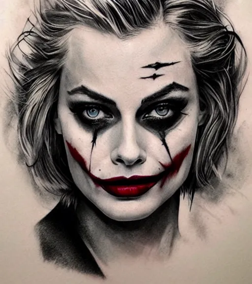 Image similar to tattoo design sketch of beautiful margot robbie portrait with joker makeup, in the style of den yakovlev, realistic face, black and white, realism tattoo, hyper realistic, highly detailed