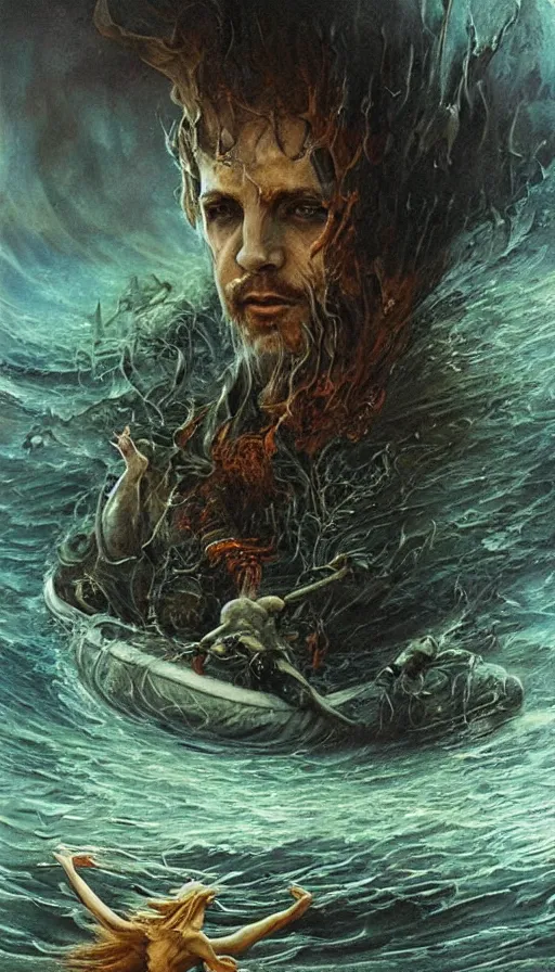 Image similar to man on boat crossing a body of water in hell with creatures in the water, sea of souls, by karol bak