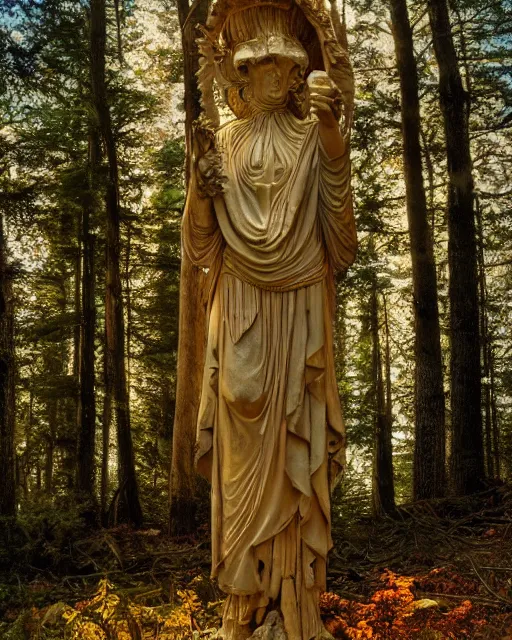 Prompt: Ancient statue of wise mushroom goddess wearing pagan clothes and leaves lost in the heart of the pristine cedar forest | dramatic light | cinematic lighting | sunshafts, volumetric lighting | golden hour | style of donato giancola