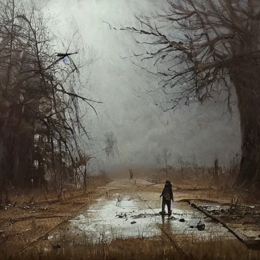 Image similar to painting by jakub rozalski of a person walking with a wheelbarrow in an abandoned post soviet town infested with root monsters