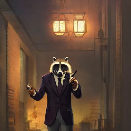 Prompt: a racoon wearing a suit smoking a cigar, dramatic lighting, cinematic, establishing shot, extremly high detail, photorealistic, cinematic lighting, artstation, style by James Gurney