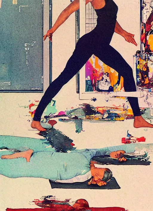 Image similar to a futuristic copic maker illustration of full body girl doing yoga by norman rockwell and john berkey