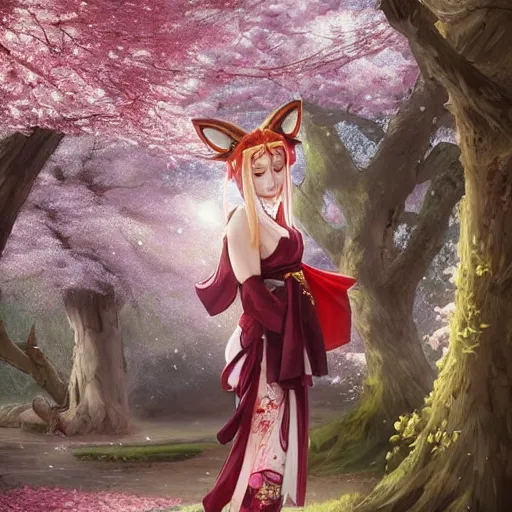 Prompt: a woman with fox ears and multiple fox tails wearing a shrine maiden outfit standing under a cherry blossom tree, full body shot, d & d, fantasy, beautiful, highly detailed, digital painting, artstation, concept art, matte, sharp focus, illustration, hearthstone, art by artgerm, greg rutkowski, alphonse mucha