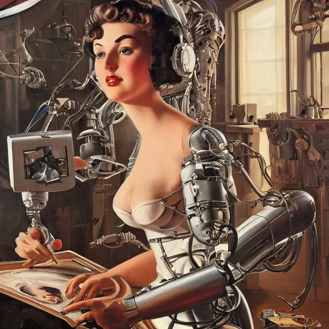 Prompt: robot artist painting a self - portrait on a canvas. intricate, highly detailed, digital matte painting in the style of gil elvgren and in the style of h. r. giger and in the style of anna dittmann. irony, recursion, inspiration.