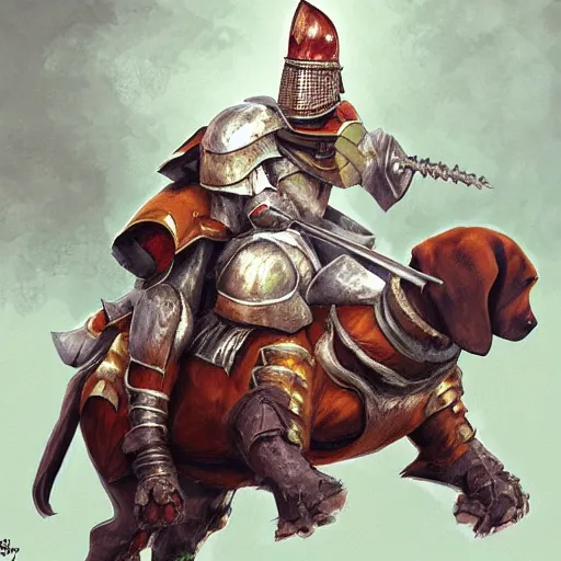 Prompt: basset hound!!! being ridden into battle by a knight, digital painting, fantasy concept art, popular on artstation
