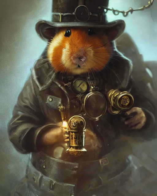 Image similar to oil painting of anthropomorphized hamster holding drill, steampunk clothes, close shot, full body, dark steampunk mine shaft background, sharp focus, fantasy style, octane render, volumetric lighting, 8k high definition, by greg rutkowski, highly detailed, trending on art Station, dungeons and dragons artwork, centered