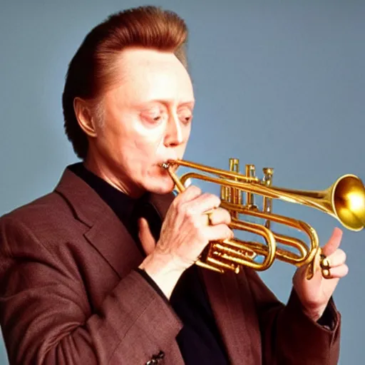 Image similar to Christopher Walken playing a trumpet with his ear