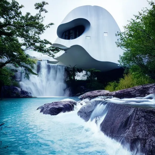 Image similar to a futuristic modern house, on a floating rock island, alien planet covered in water, multiple waterfalls, multiple moons glowing, stars, frank gehry