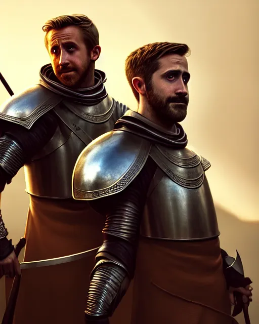 Image similar to portrait of ryan gosling and jake gyllenhaal as medieval knights rendered in unreal engine 5, by wlop, greg rutkowski, and peter mohrbacher, octane render, ultra high detail, 3 d, extremely detailed shading, concept art, character design, trending on artstation, atmosphere, glow, cinematic lighting, full of color