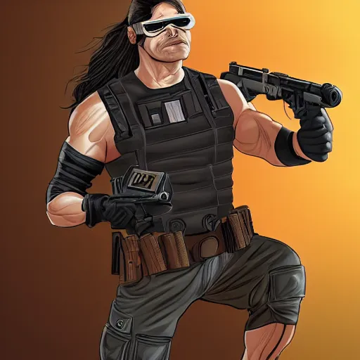 Prompt: muscular man, shirtless, black vest, goggles around his neck, cargo pants, ammo belt, holding a blaster, star wars, long black hair in a ponytail, five o' clock shadow, comic book art