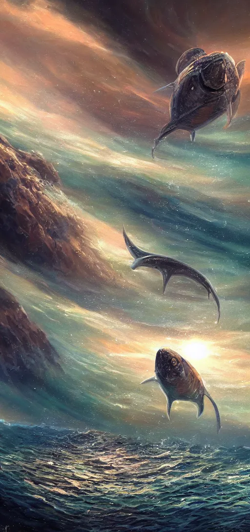 Image similar to Ocean with strange fish on planet Kepler-22-BKepler-22-B, oil Painting, ultradetailed, artstation, ultradetailed, digital Painting,