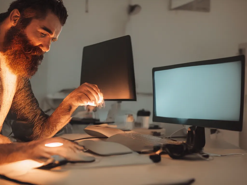 Image similar to man's bearded face lit up by the glow of laptop and monitor screen as works late at night at desk, photorealistic