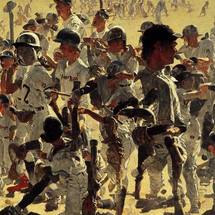 Prompt: a baseball field with ancient monoliths with glowing runes. highly detailed science fiction painting by norman rockwell and syd mead. rich colors, high contrast, gloomy atmosphere, dark background.