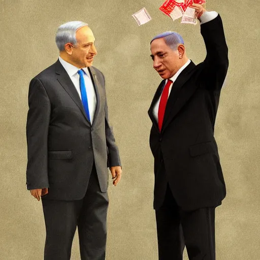 Image similar to benjamin netanyahu stealing money from the people. digital painting, high detail, 8 k, film still