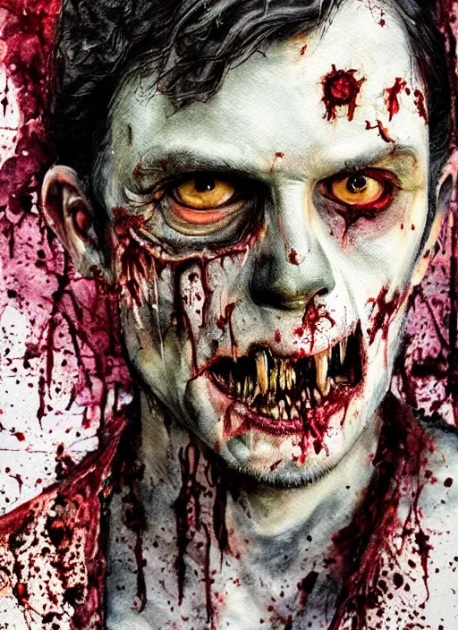 Image similar to zombie hollywood professional acting headshot, david dennis, intricate detailed, studio lighting, charming expression gesicht, hauntingly beautiful zombie, watercolor art, drawn and painted, colored layers, dulled contrast, exquisite fine art, splatterpaint