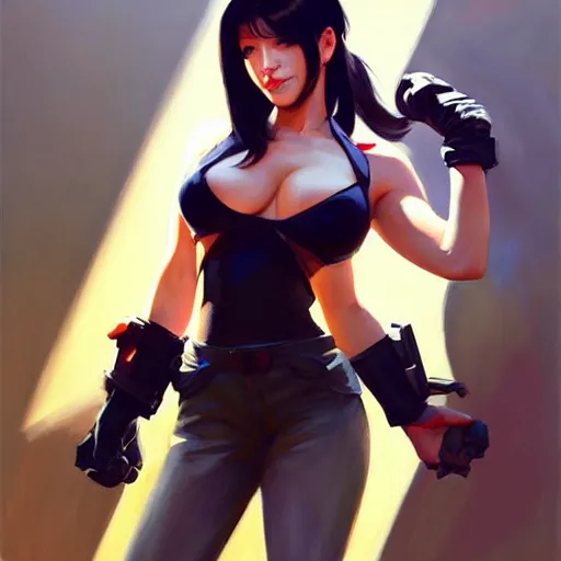 Image similar to Greg Manchess portrait painting o Tifa Lockheart as Overwatch character, medium shot, asymmetrical, profile picture, Organic Painting, sunny day, Matte Painting, bold shapes, hard edges, street art, trending on artstation, by Huang Guangjian and Gil Elvgren and Sachin Teng