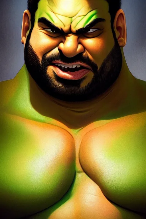 Prompt: Amit Shah as Hulk, Hulk costume, Amit Shah hairstyle, Hulk body type, Amit Shah Face, calm, grumpy, portrait, masculine figure, highly detailed, digital painting, artstation, concept art, smooth, sharp focus, illustration, cinematic lighting, art by artgerm and greg rutkowski and alphonse mucha