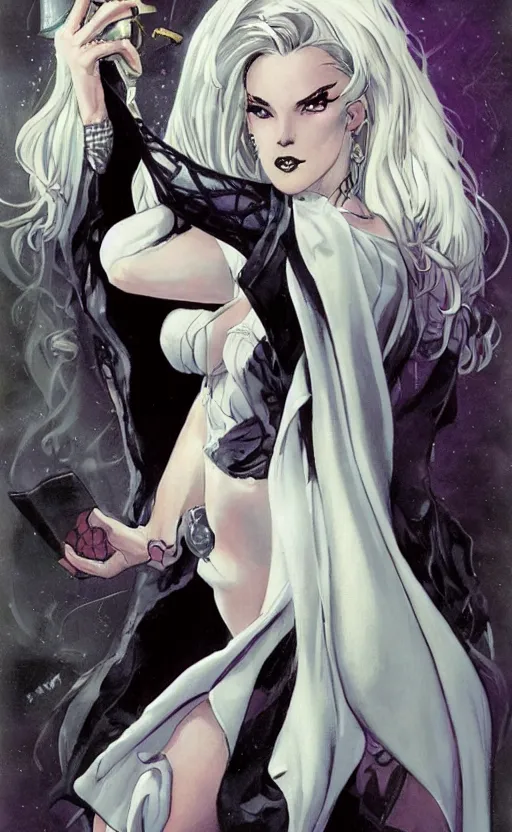 Prompt: a dream portrait of a witch casting a spell from a spell book, white hair, long cape, sexy pinup style art by Paul Dini, Travis Charest, Simon Bisley