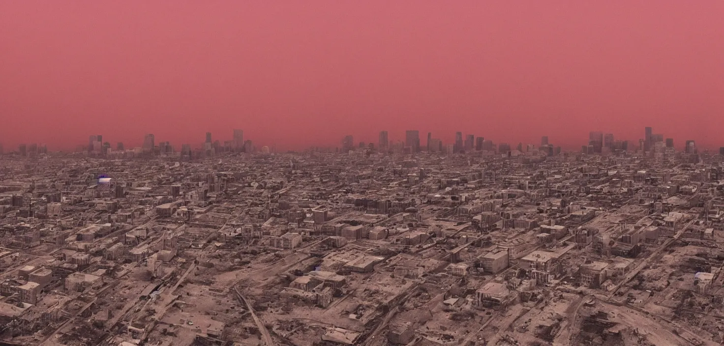 Image similar to ''the city of montreal in a desert wasteland after a nuclear apocalypse in the year 6000, remains, red haze, mist''