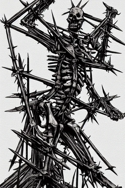 Image similar to Poster Illustration by Jeremy Jarvis of a skeletal abomination with barbed spikes. It's of royal lineage no doubt. More than anything, it wants to praise its obscure god through combat, constructing idols from the slain.