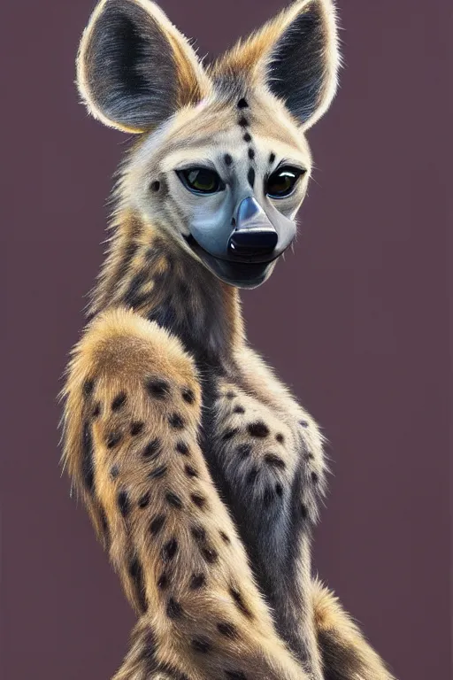 Prompt: oil painting of anthromorphic female hyena, in style of zootopia, female fursona, furry, furaffinity, 4 k, deviantart, furry art, fursona art, wearing black business suit, business suit, hyena fursona, female, smug expression,