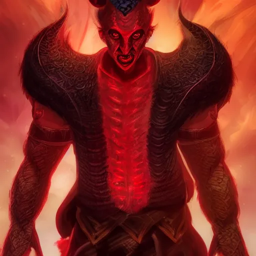 Image similar to dnd render of a male tiefling, red scales, a big black beard, completely golden eyes, 1 curved horn growing out of his forehead, one broken horn growing out of his forehead,