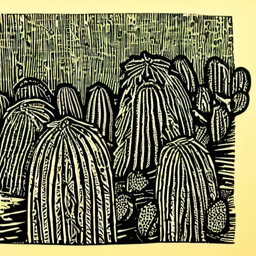 Image similar to Epic, detailed, Linocut Art on paper of a beautiful fields of cactus. Epic Latin American Linocut Art.