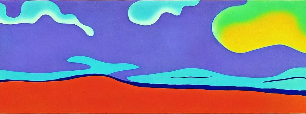Image similar to Psychedelic sci-fi dreamworld. Landscape painting. Organic. Winding rushing water. Waves. Clouds. Peter Max. Landscape by Milton Avery.