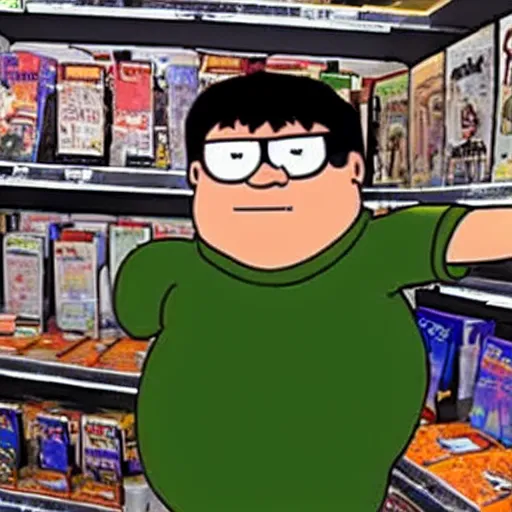 Image similar to realistic peter griffin standing in a video store in 2 0 0 2.
