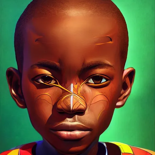 Image similar to colourful upper half portrait of an african boy, art by takashi murakami, highly detailed, digital painting, ray tracing, concept art, illustration, smooth sharp focus, intricate, symmetry, artstation,