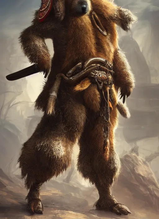 Image similar to detailed full body concept art illustration, oil painting on canvas of an anthropomorphic capybara barbarian in full intricate clothing, biomutant, dystopian, micro detail, octane render, 4K