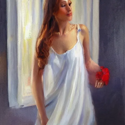 Prompt: woman in nightgown, painting by Vladimir Volegov