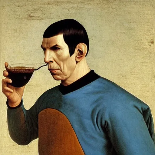 Image similar to portrait of spock drinking a tropical beverage, painting by leonardo da vinci