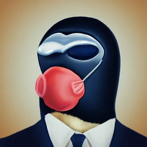 Image similar to Photo of a man in a suit wearing a mask of an emperor penguin, 4k, photorealistic, hd