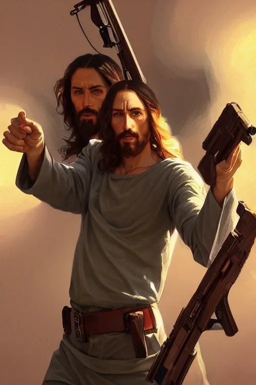 Prompt: jesus christ wielding guns, in an action pose, realistic portrait, symmetrical, highly detailed, digital painting, artstation, concept art, smooth, sharp focus, illustration, cinematic lighting, art by artgerm and greg rutkowski and alphonse mucha