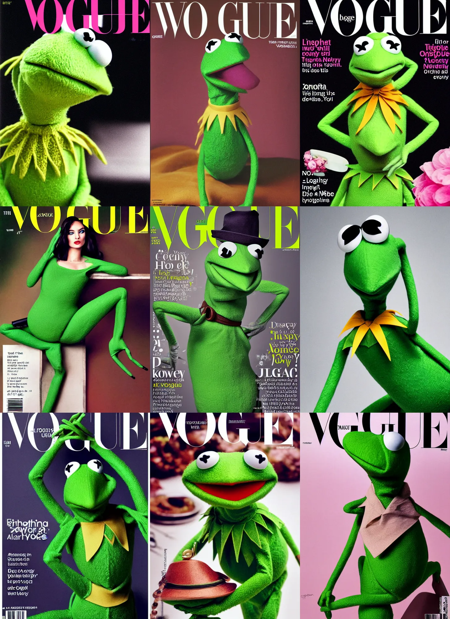 Prompt: a photograhpy of kermit the frog on a vogue cover