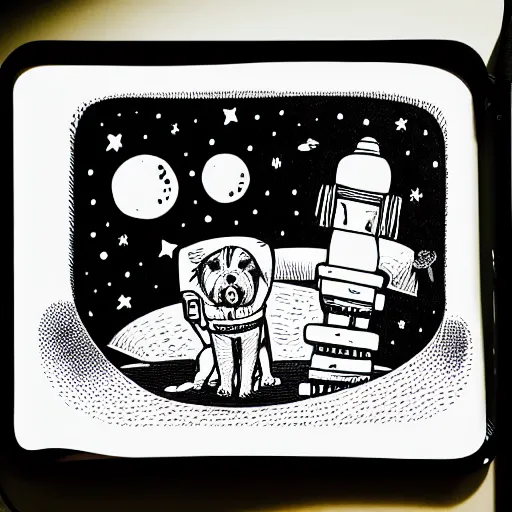 Image similar to mcbess illustration of a dog in a spacesuit In space