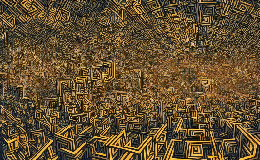 Image similar to interior of an elaborate labyrinth of runic cubes, endless intricate maze - like runes, sharp high detail anime background, masterpiece by satoshi kon, crystal cubism, greeble, tesseract, darksynth, high definition