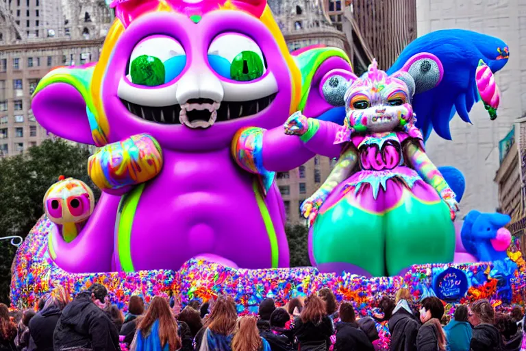 Image similar to photo of giant cute elaborate parade float character designed by ( ( ( ( ( ( ( ( lisa frank ) ) ) ) ) ) ) ) and giger!!!!!!!!!!!!!!, in the macys parade, detailed 4 k photo,