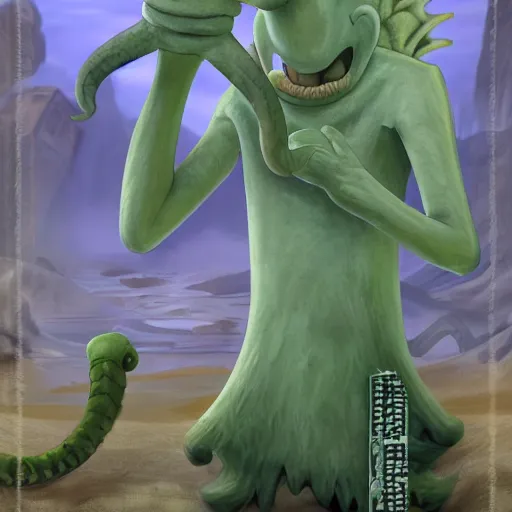 Prompt: squidward as a monster boss, matte painting